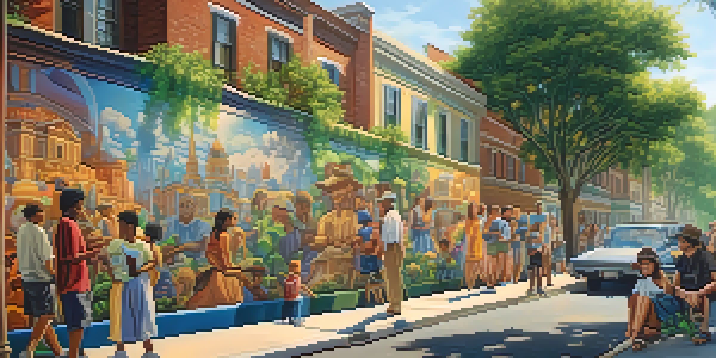A colorful street mural illustrating a historical event with locals admiring it in a sunny urban environment.