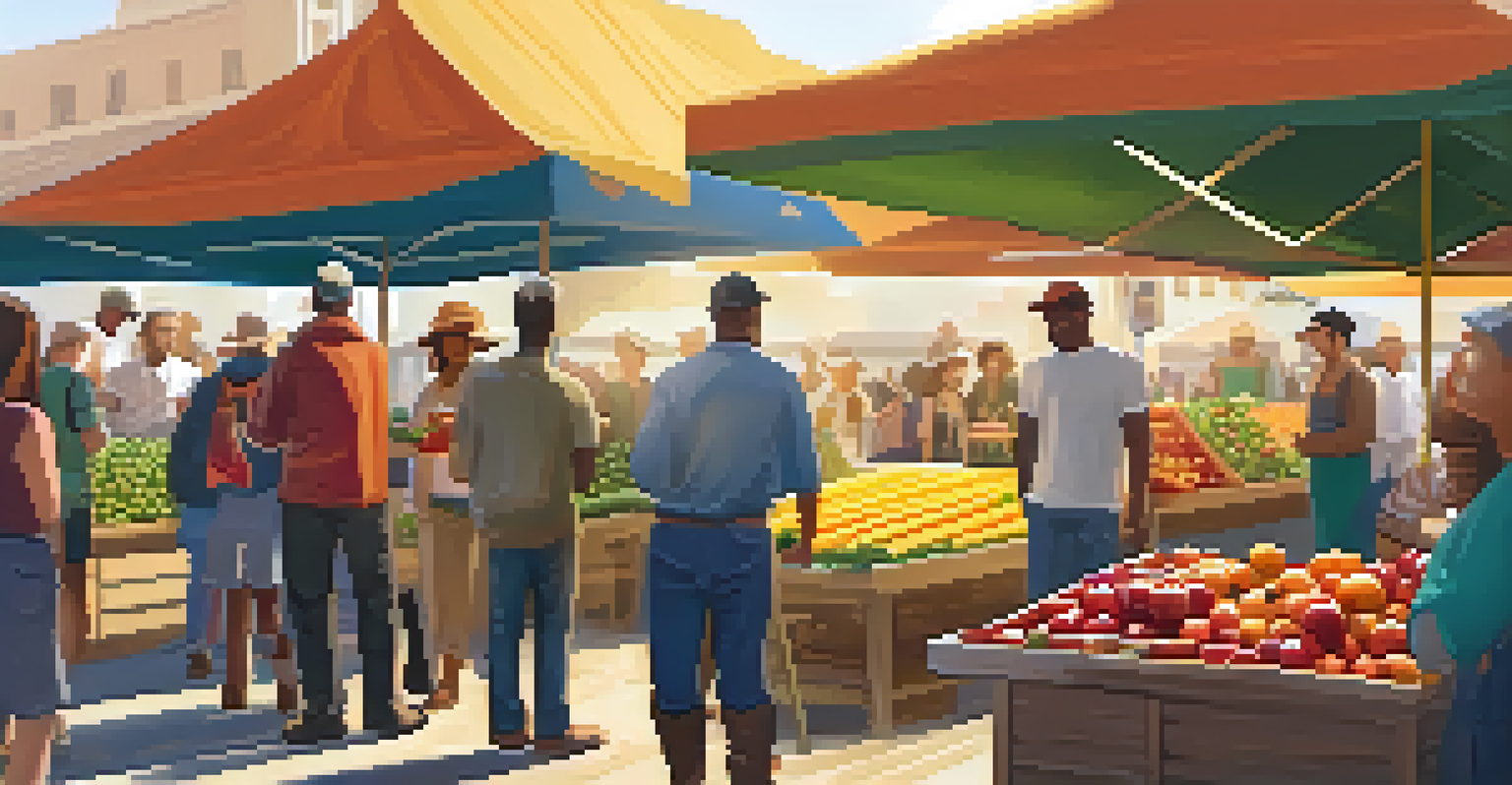A tech startup representative showing an app to local farmers at a vibrant outdoor farmers' market filled with fresh produce.