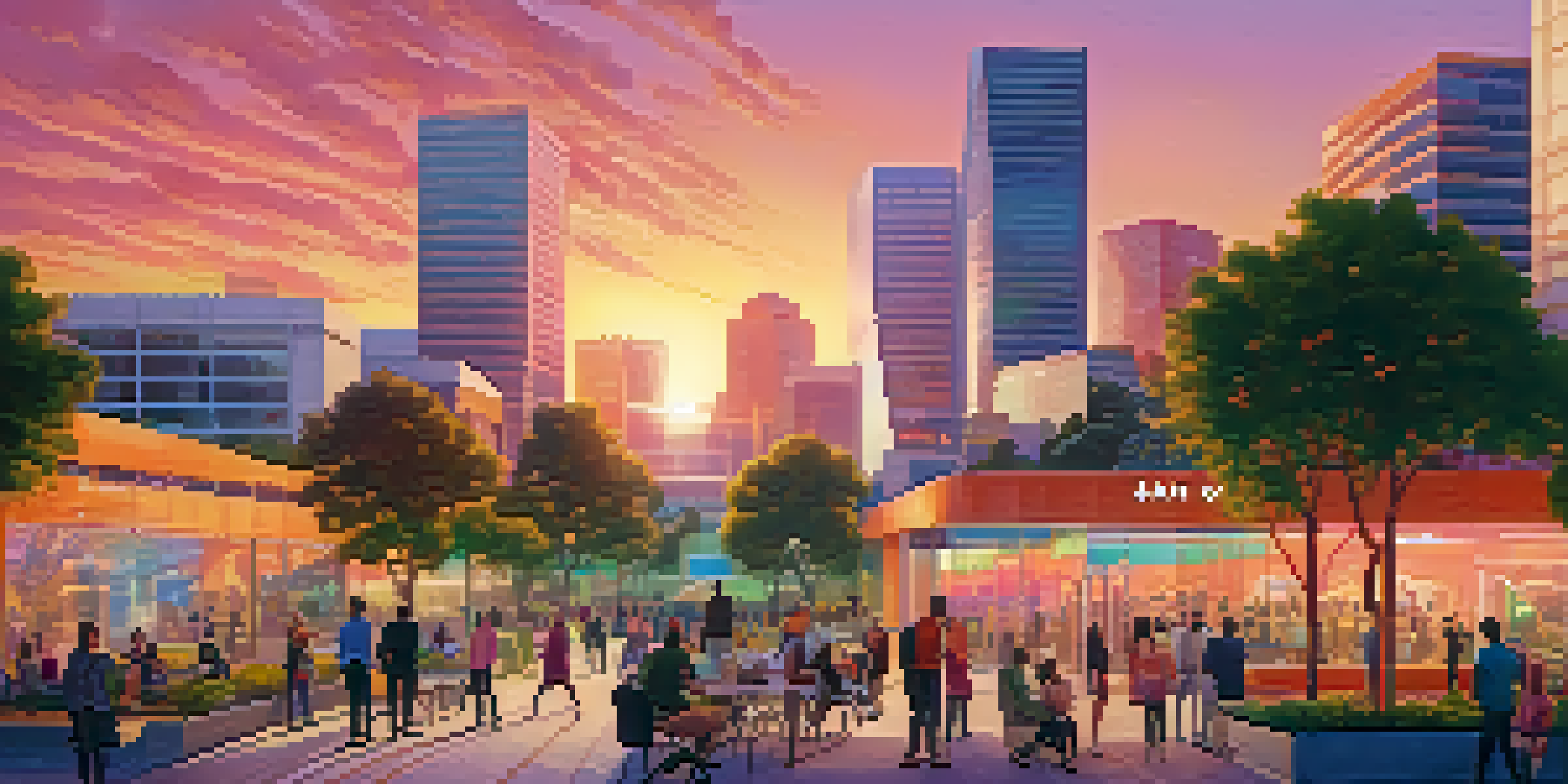 A colorful sunset cityscape of San Jose with modern buildings and a diverse group of entrepreneurs discussing ideas.