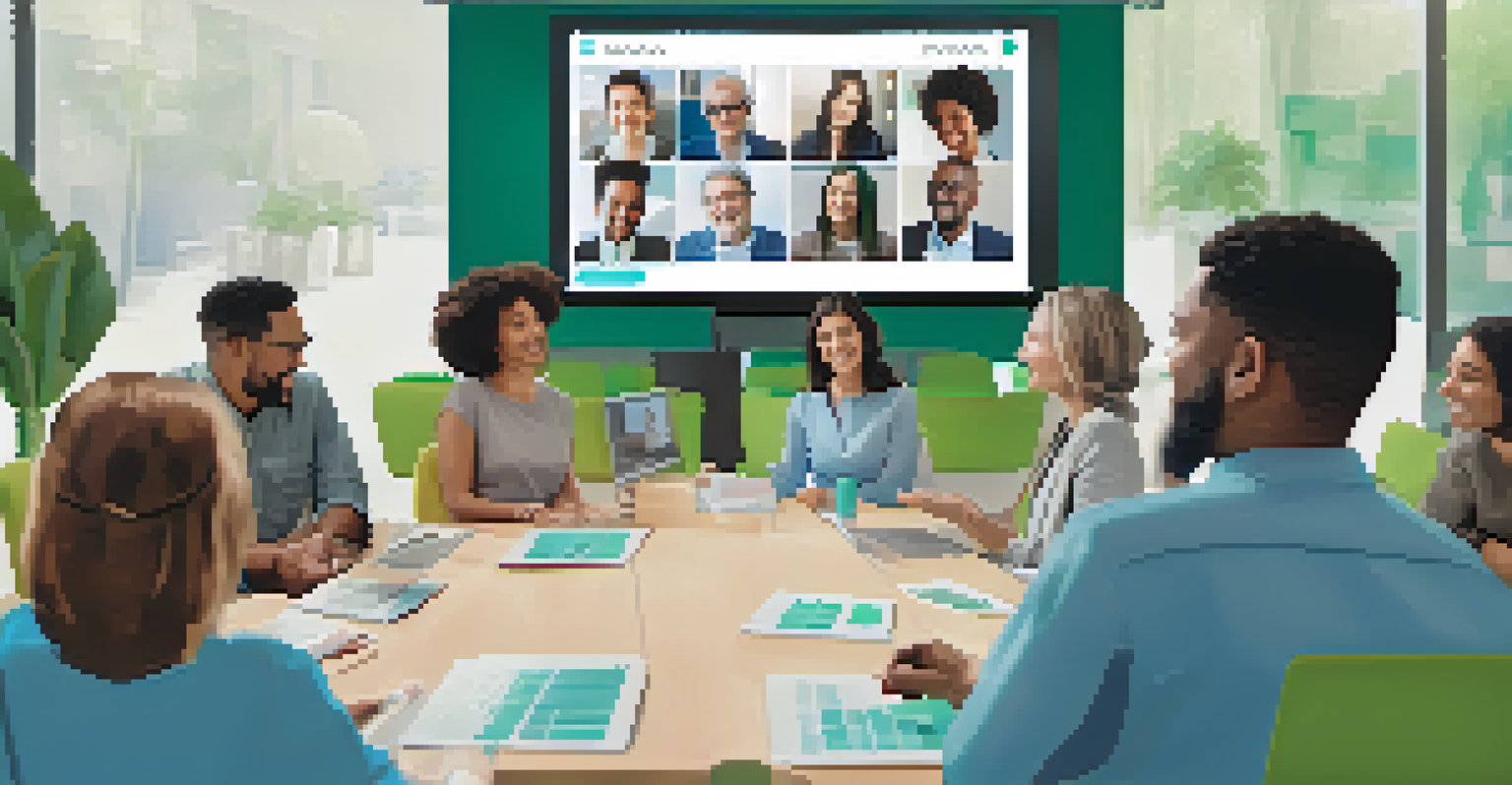 A virtual meeting with participants from different generations discussing and smiling on a video call.