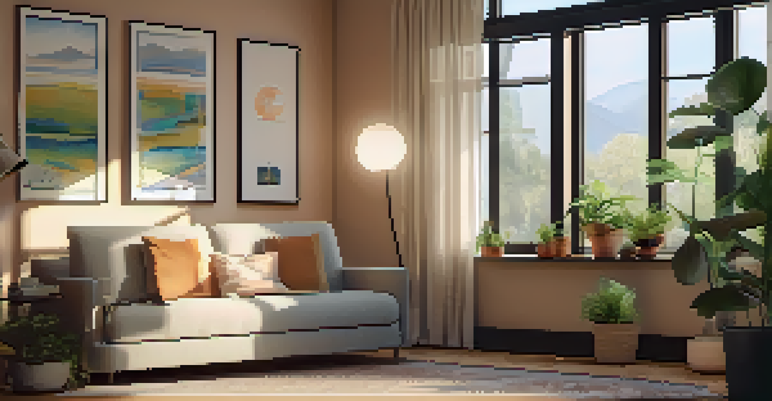 A cozy therapy room with a couch, soft lighting, and shelves filled with mental health resources.