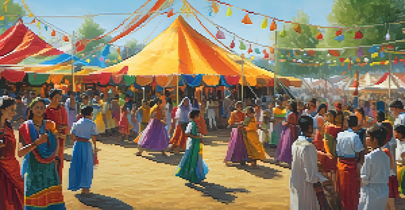 A lively cultural festival with young individuals celebrating their diverse backgrounds through dance, food, and storytelling.