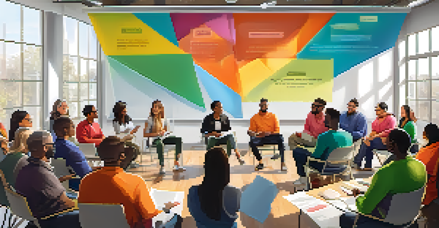 A workshop in a startup incubator with participants listening to a speaker, surrounded by motivational quotes and bright decor.