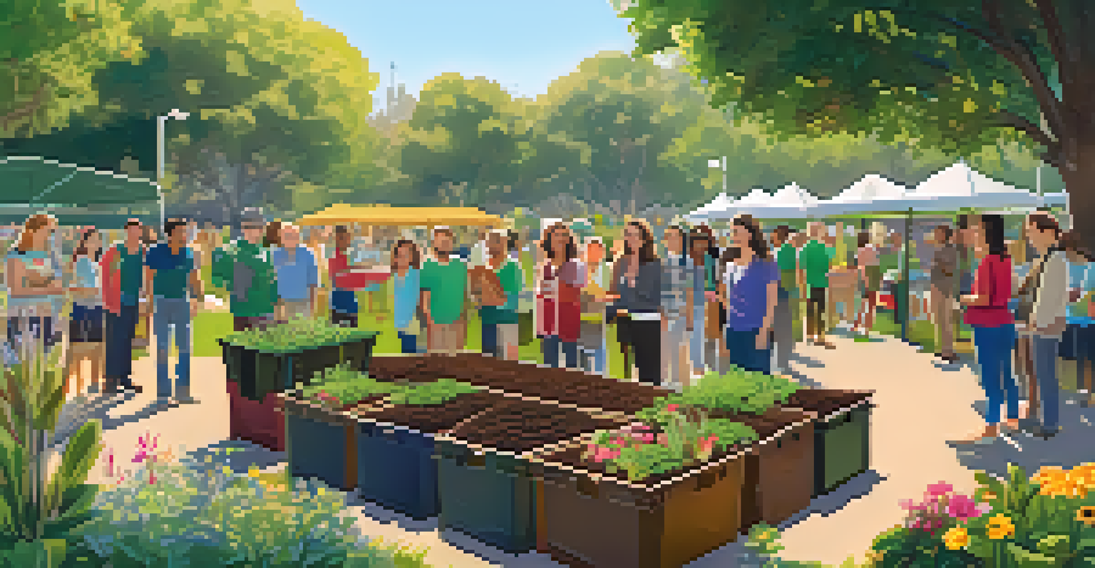 Residents participating in a community composting workshop in a sunny park in San Jose, surrounded by plants and flowers.