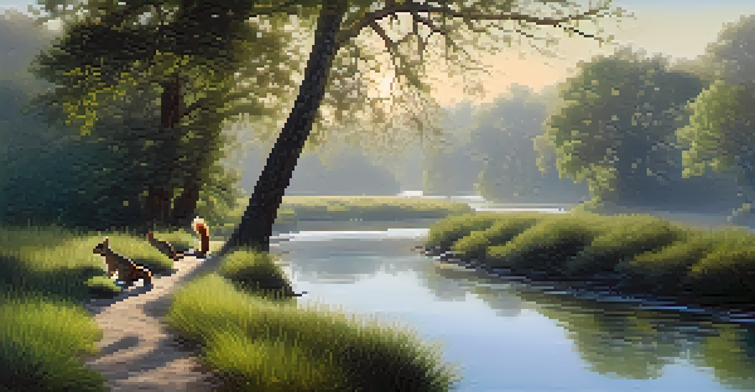 A tranquil morning scene at Coyote Creek Parkway with mist over the water, squirrels, and birds in a lush green setting.