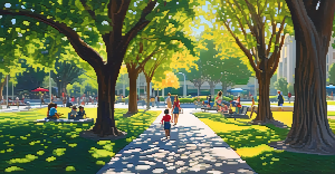 An urban park in San Jose filled with large trees, people enjoying the space, and colorful flower beds.