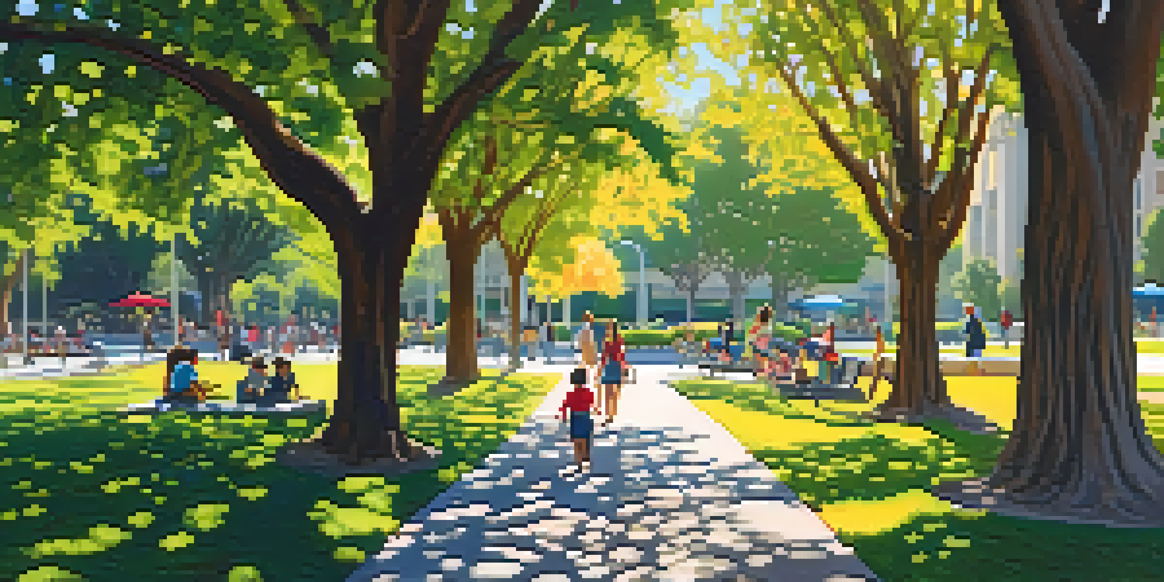 An urban park in San Jose filled with large trees, people enjoying the space, and colorful flower beds.