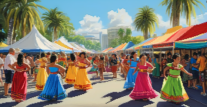 A colorful festival scene with traditional Pacific Islander performances and food stalls under a sunny sky.