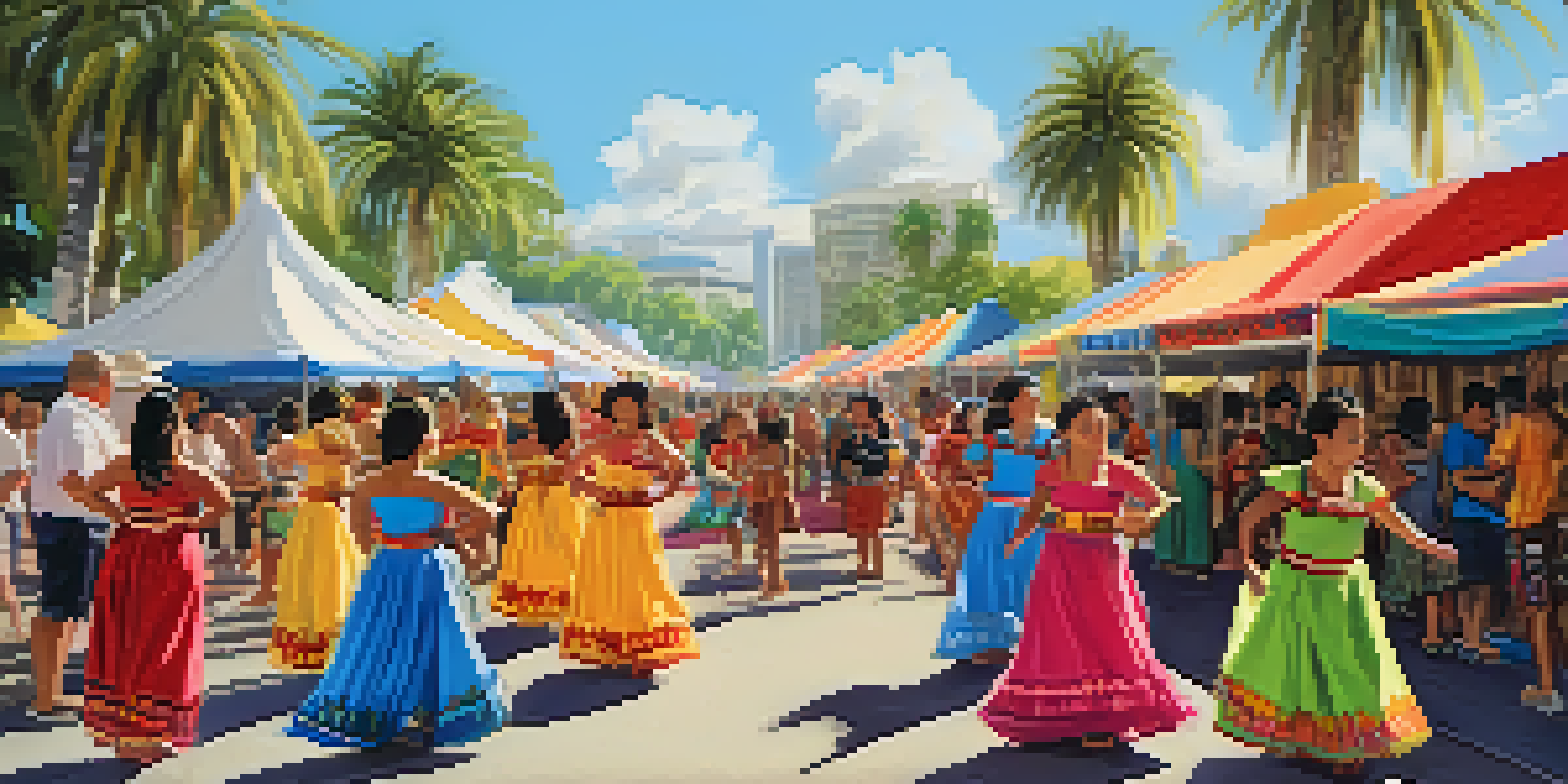 A colorful festival scene with traditional Pacific Islander performances and food stalls under a sunny sky.