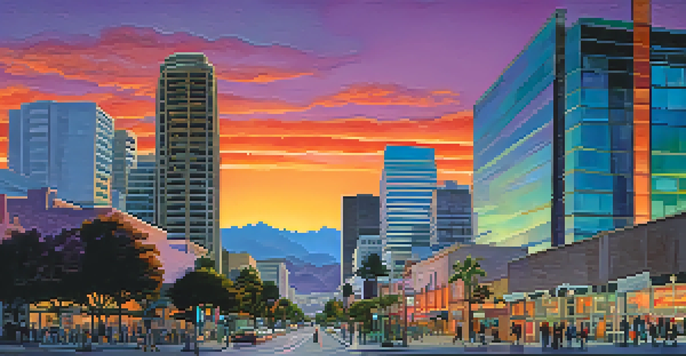 A sunset view of San Jose's skyline with modern skyscrapers and palm trees, vibrant colors in the sky.