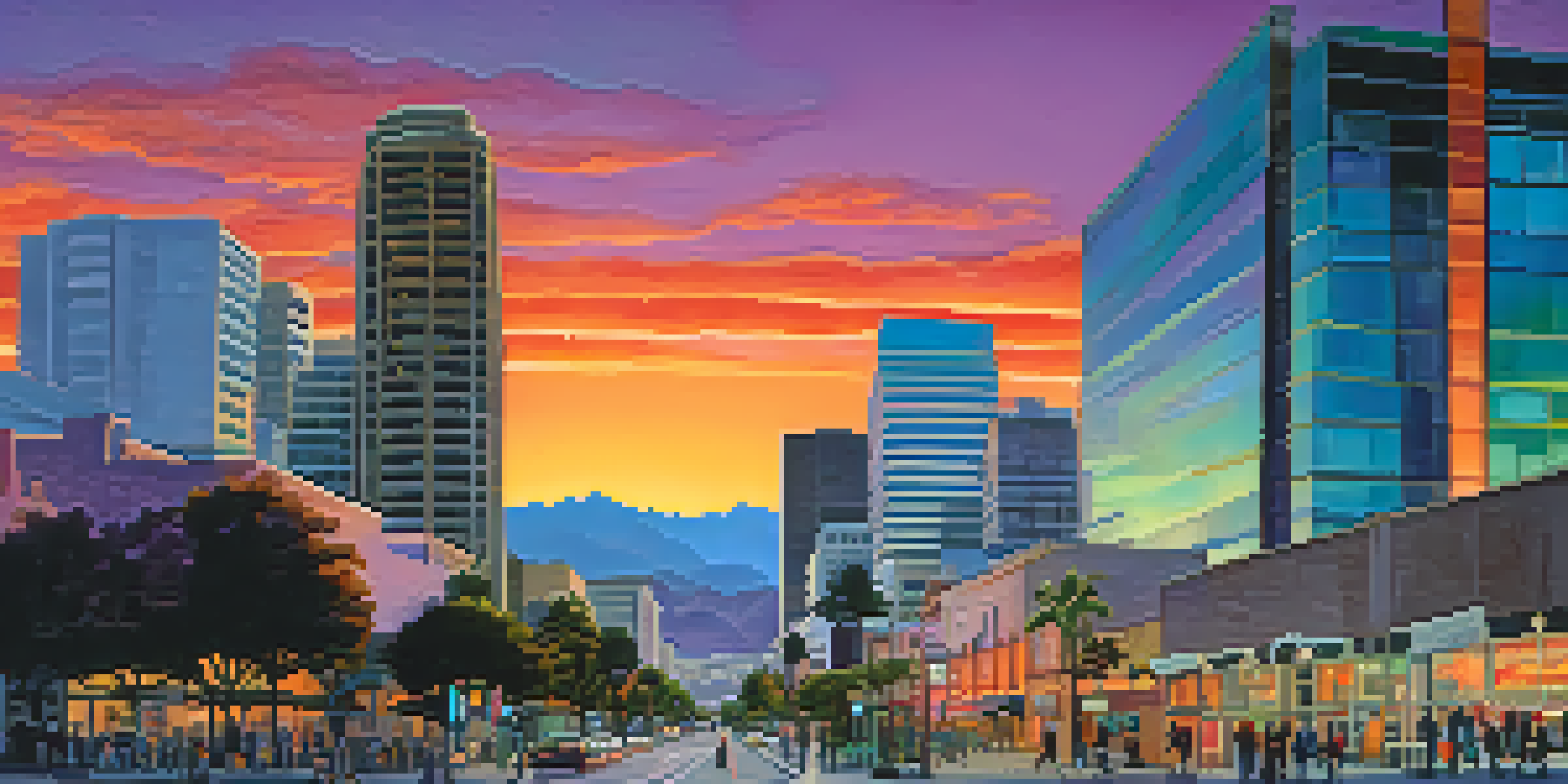 A sunset view of San Jose's skyline with modern skyscrapers and palm trees, vibrant colors in the sky.