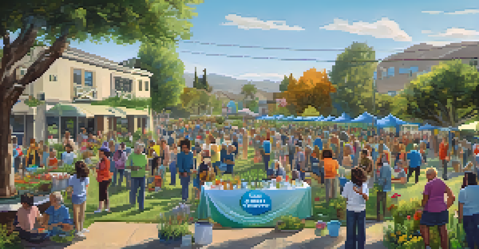 Community gathering in San Jose for sharing water conservation efforts with colorful banners and digital displays.