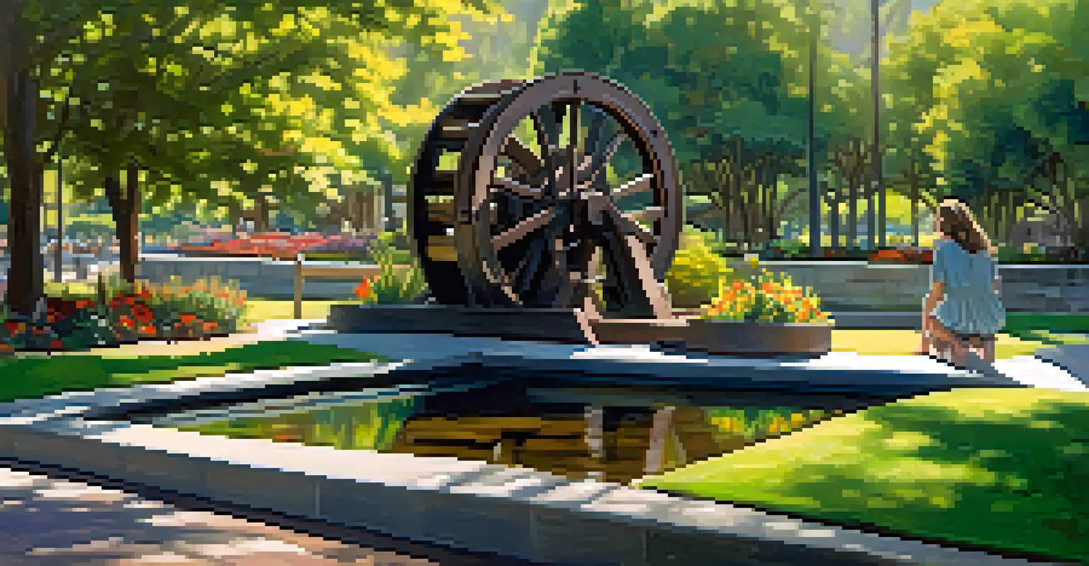 The Water Wheel Sculpture near the San Jose Museum of Art, featuring flowing water and surrounding greenery in a peaceful setting.