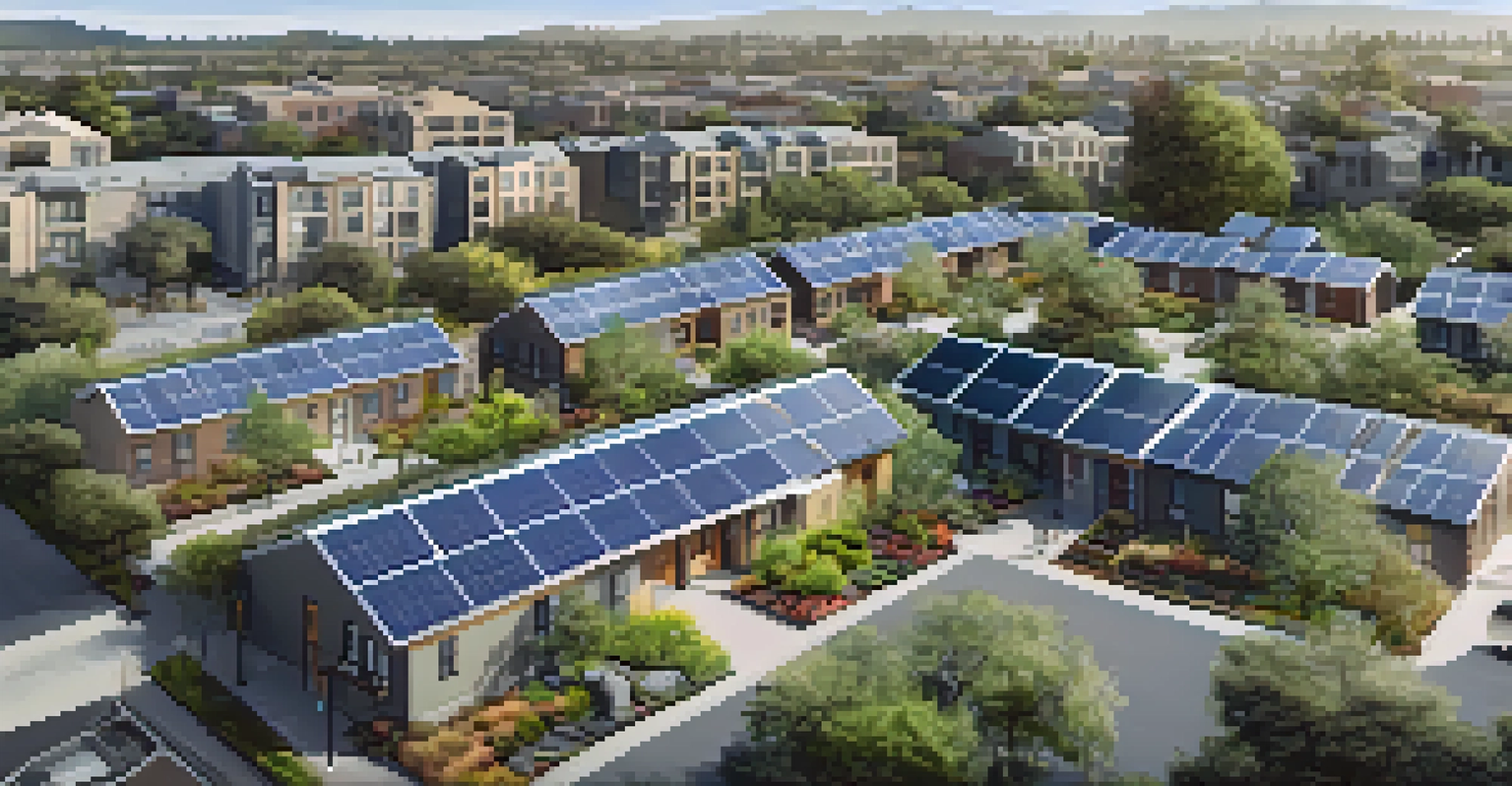 An aerial view of a sustainable neighborhood in San Jose featuring solar panels, green roofs, and community gardens, with greenery and walking paths.