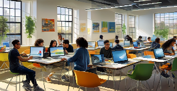 A classroom scene with diverse students collaborating on technology projects, filled with natural light and motivational decor.