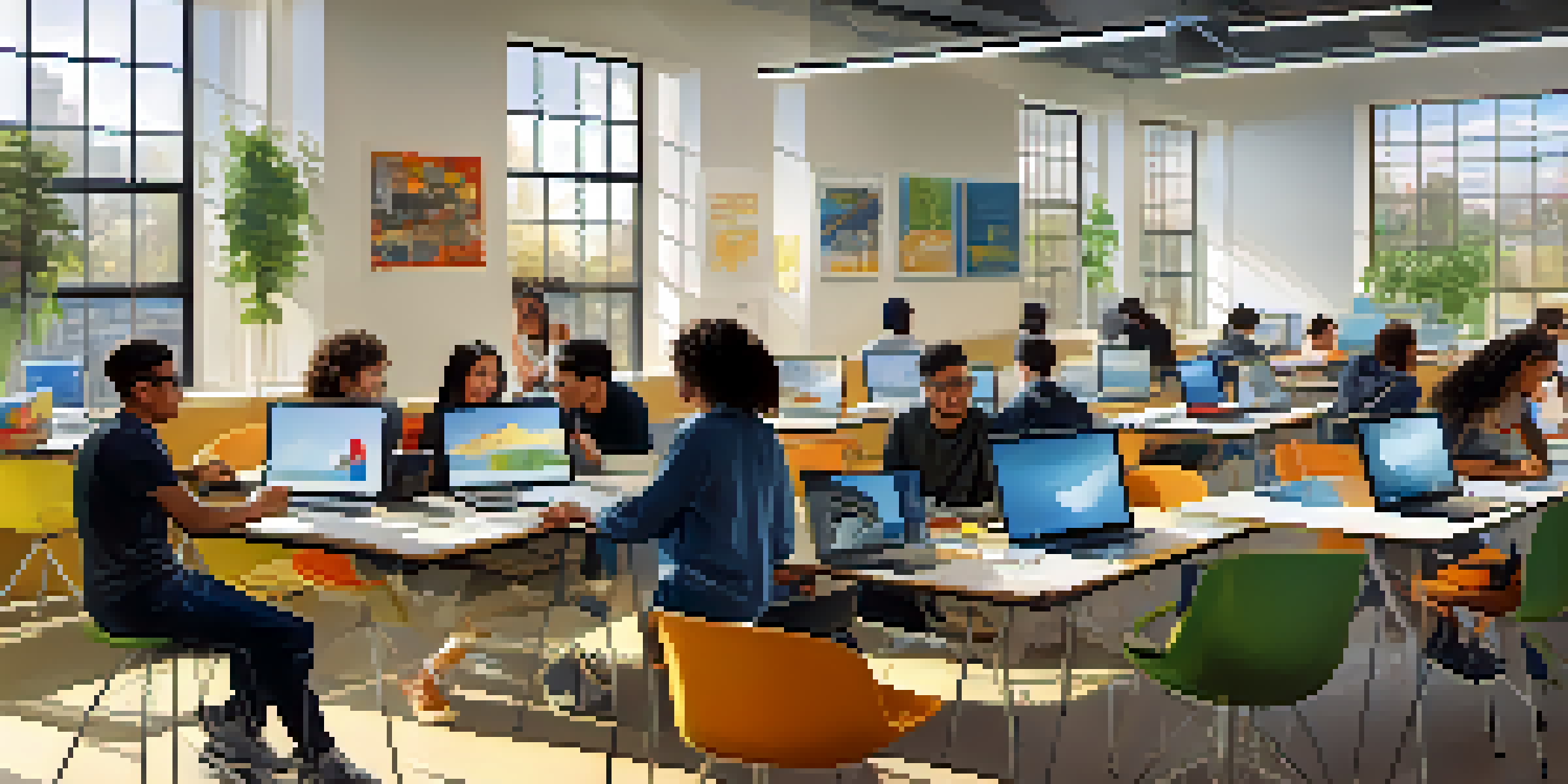 A classroom scene with diverse students collaborating on technology projects, filled with natural light and motivational decor.