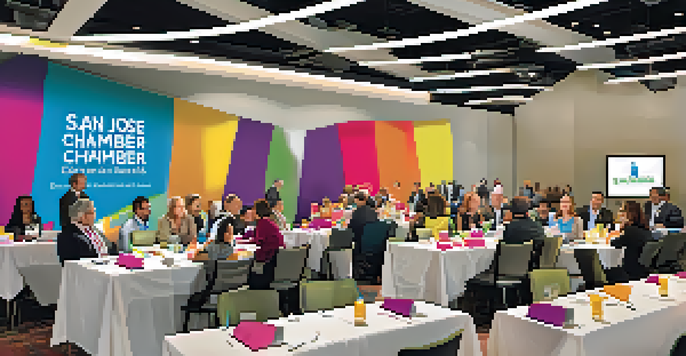 A colorful networking event with diverse professionals talking and exchanging business cards in a bright conference hall.