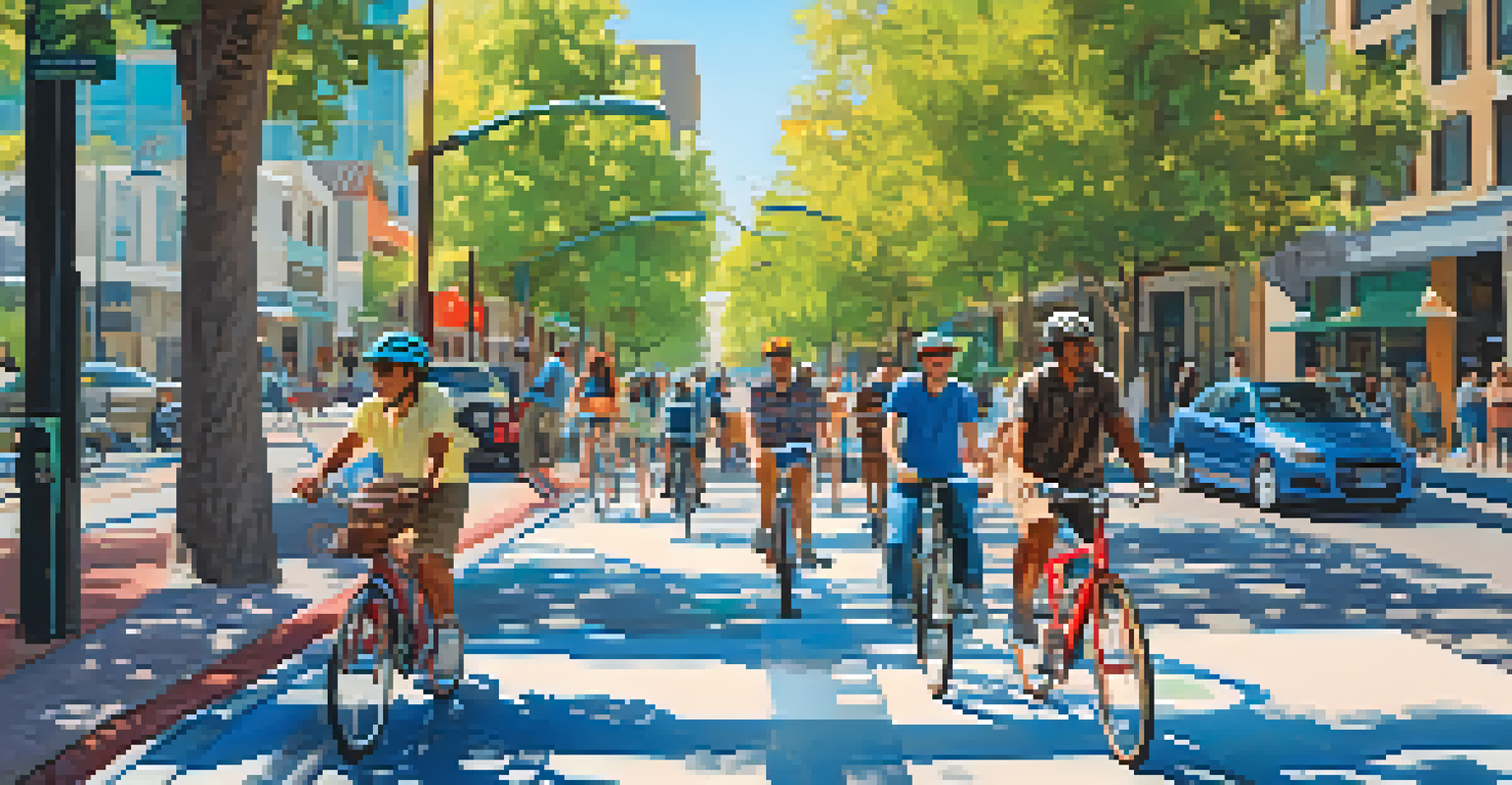 A busy street in San Jose where people are cycling and walking, with bicycles parked and trees lining the road.