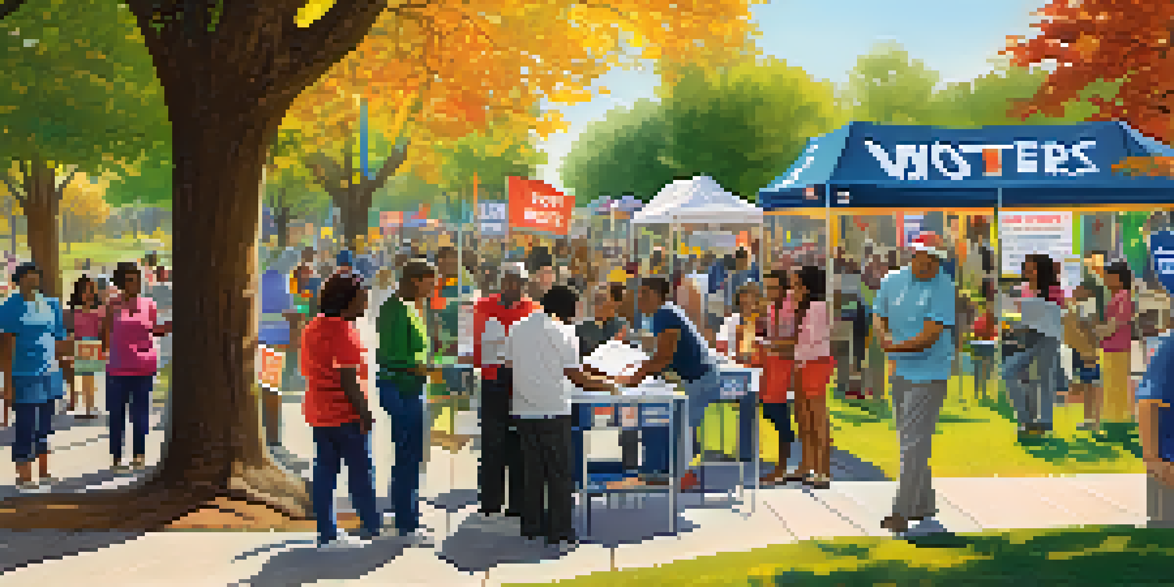 A community voter registration drive in a park, featuring diverse residents interacting with volunteers at information booths under a sunny sky.