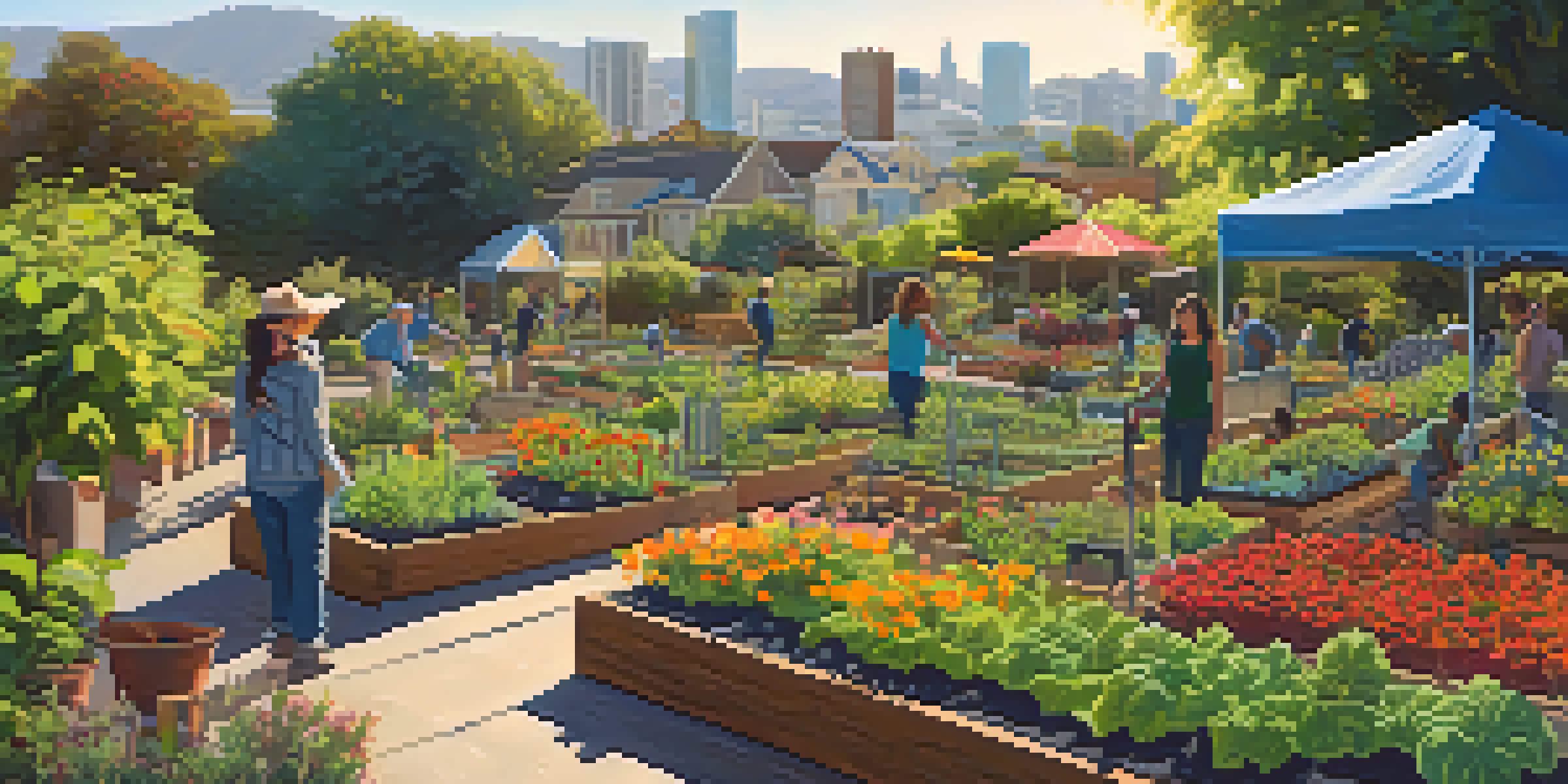 A lively community garden in San Jose with people gardening under sunlight, surrounded by greenery and urban buildings.