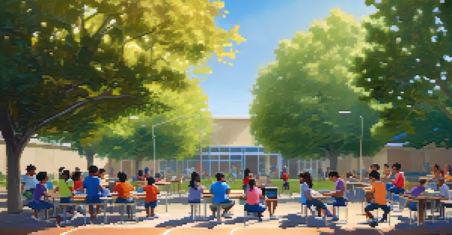 Students engaged in an outdoor learning activity, using tablets while participating in physical education, surrounded by nature and bright sunlight.
