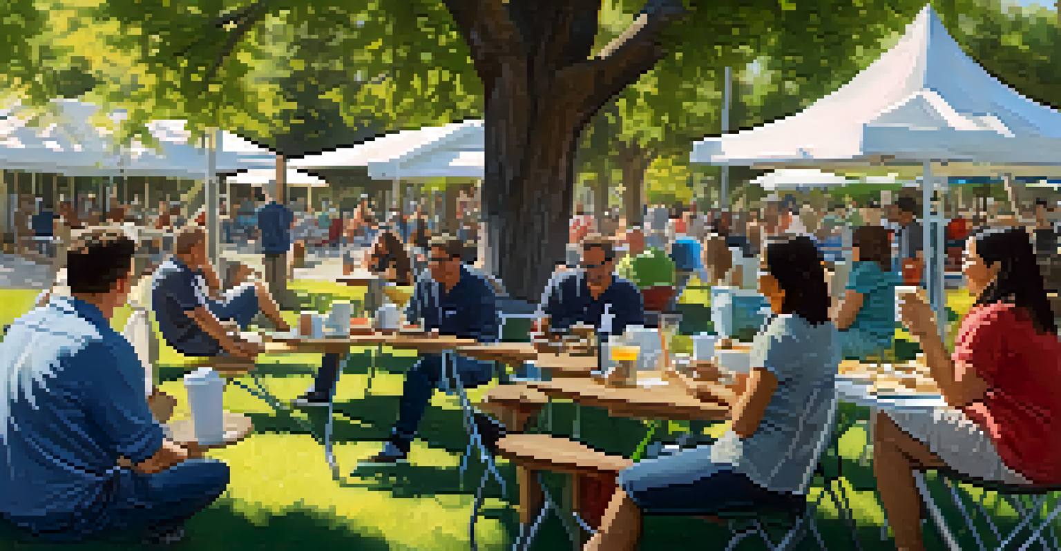 A sunny outdoor networking meetup in a park with small business owners sharing ideas over coffee, surrounded by trees and a relaxed atmosphere.