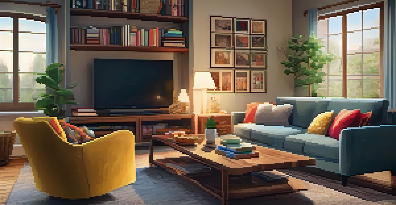 A warm and inviting living room with a sofa, coffee table, and bookshelf.