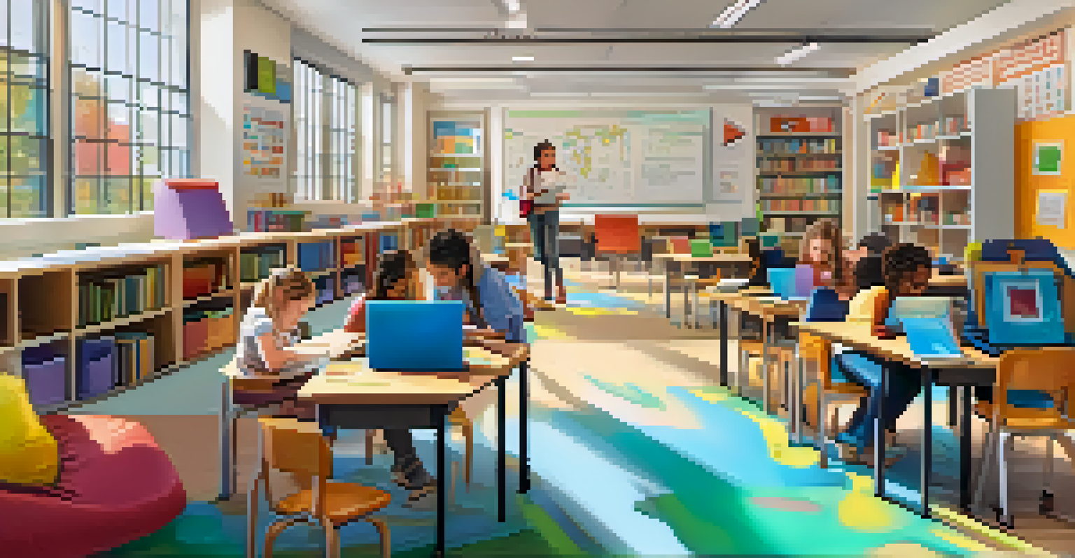 A student using a digital tablet in a bright classroom, surrounded by other students working at their desks in a personalized learning environment.