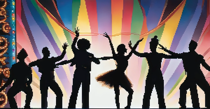 A theater stage filled with colorful lights and performers in dynamic poses, with an intricate set design in the background and an audience in silhouette.