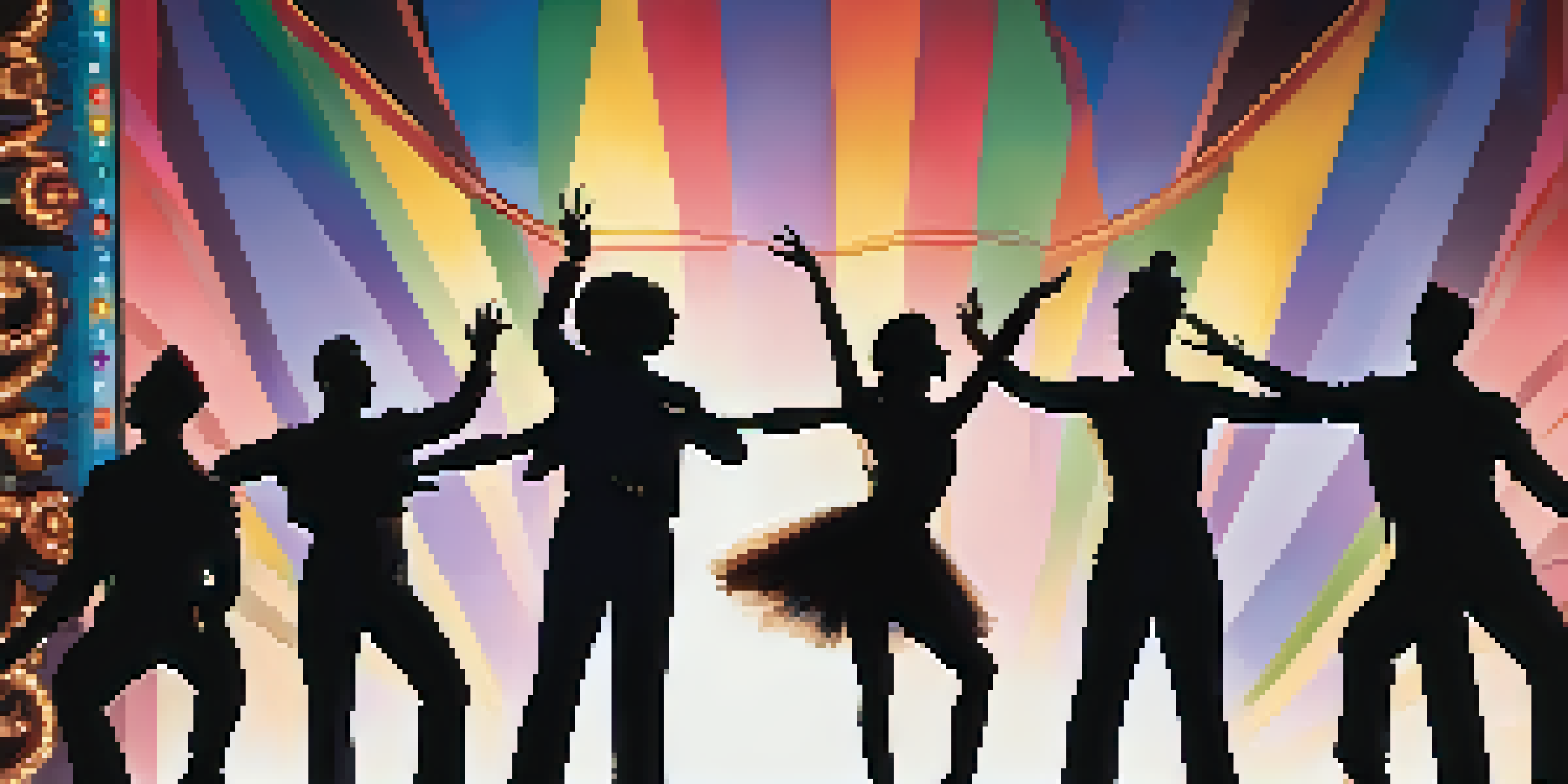 A theater stage filled with colorful lights and performers in dynamic poses, with an intricate set design in the background and an audience in silhouette.