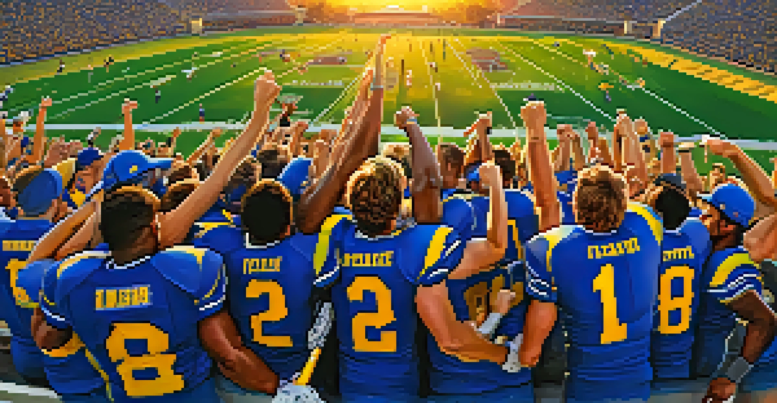 College sports team celebrating a victory on the field with fans cheering in the background, under a sunset sky.