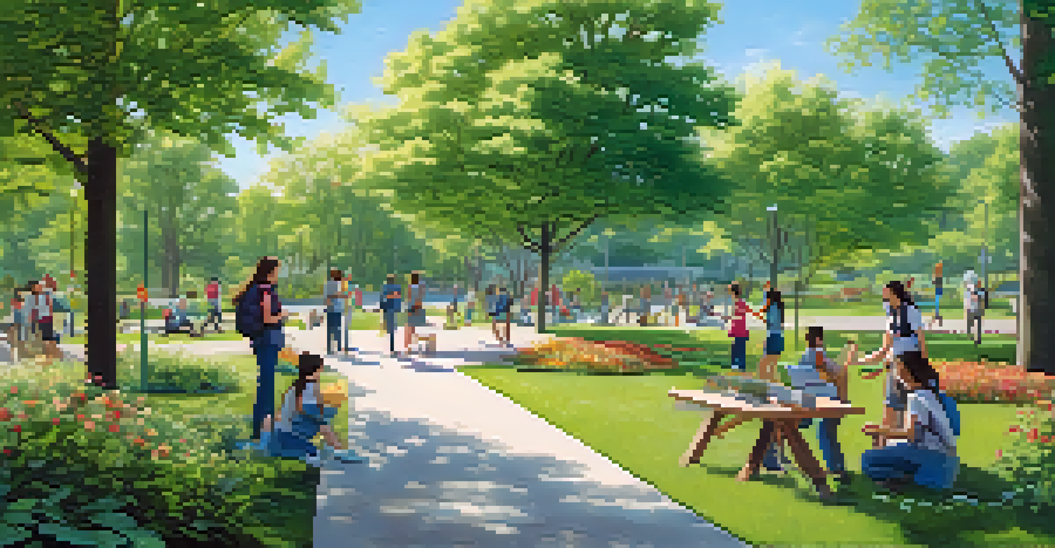 Students volunteering in a public park, planting trees and maintaining trails surrounded by lush greenery and flowers.