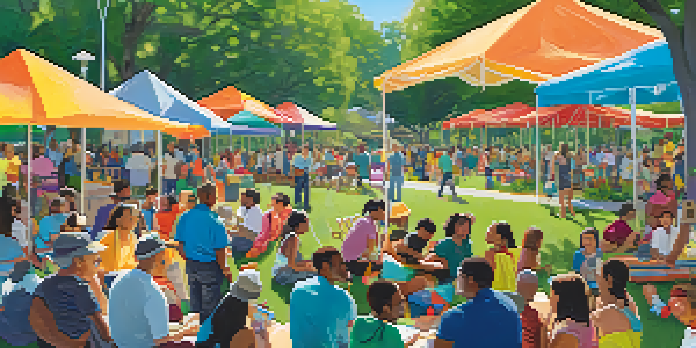 A diverse group of residents gathered in a park, discussing emergency preparedness with colorful banners and a sunny day.