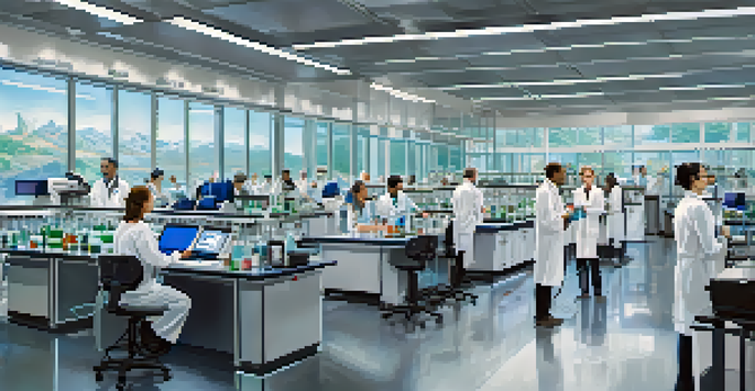 A busy biotech laboratory in San Jose with scientists in lab coats experimenting with advanced equipment and technology.