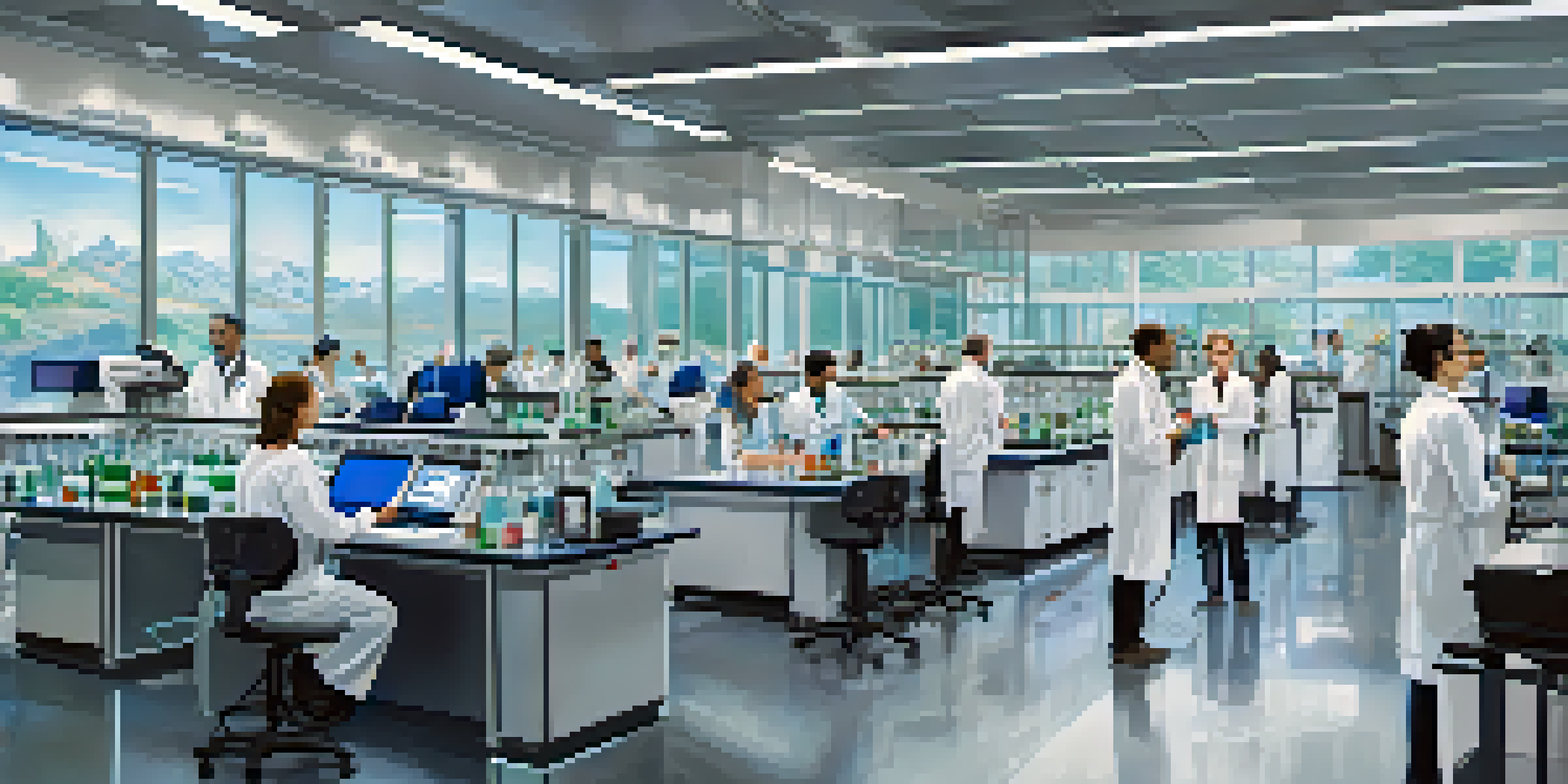 A busy biotech laboratory in San Jose with scientists in lab coats experimenting with advanced equipment and technology.