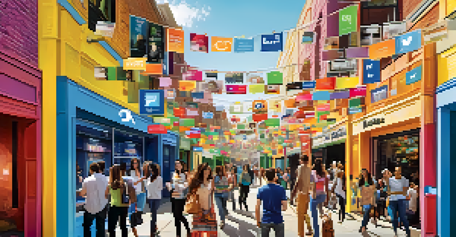 A collage of social media screens displaying posts about local community events and initiatives, with bright colors depicting active engagement and excitement.
