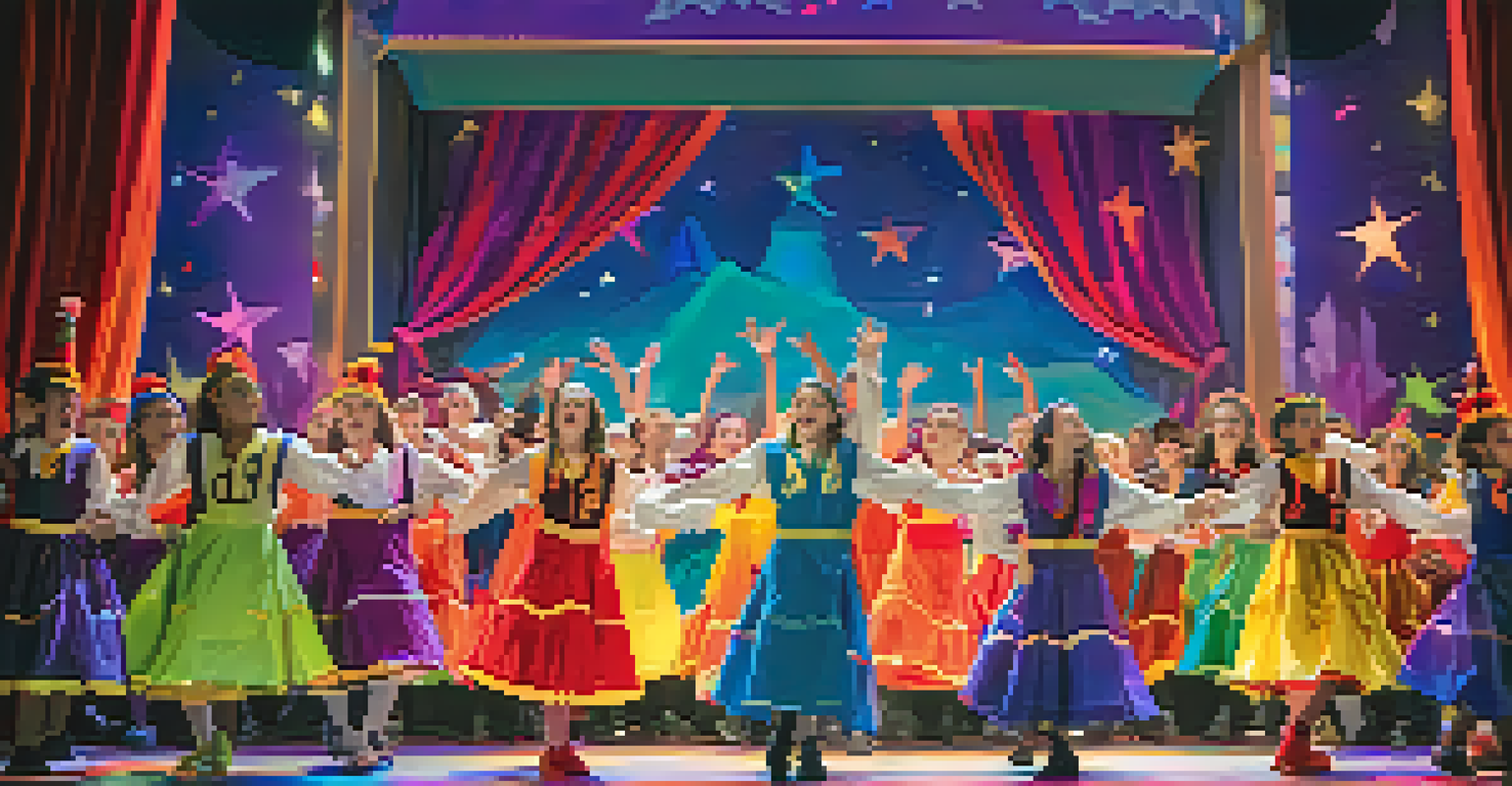 Students performing on stage in colorful costumes with bright lighting, engaging an attentive audience.