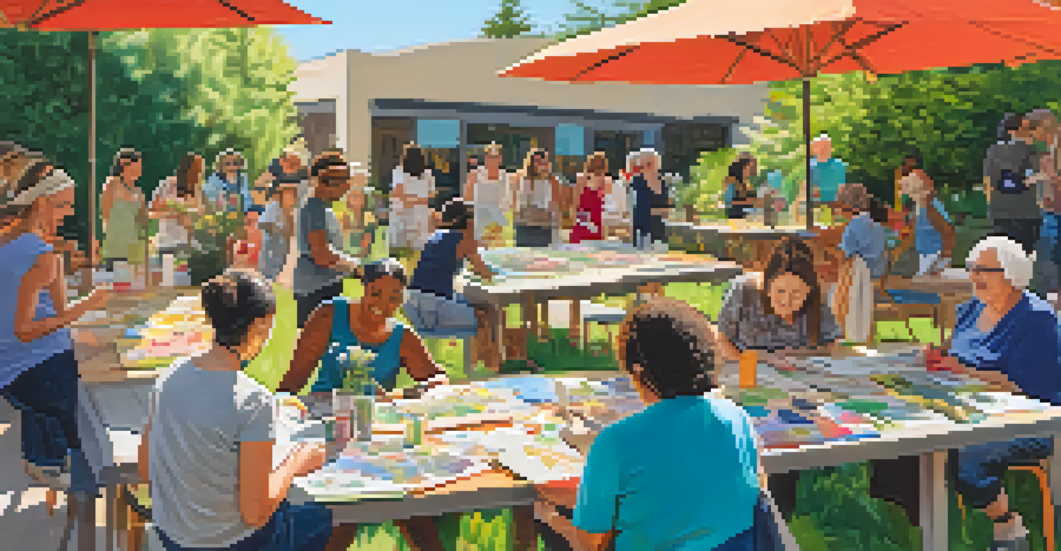 A lively outdoor community art therapy workshop with participants of all ages creating collages and paintings in a sunny garden setting.