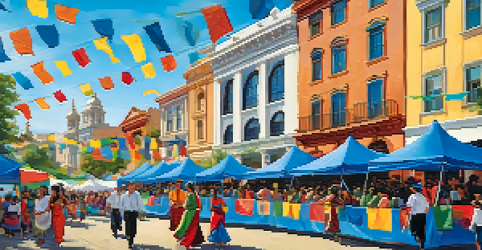 A lively festival scene in San Jose with various cultural activities, including folk dance and storytelling, surrounded by colorful decorations and historical buildings.