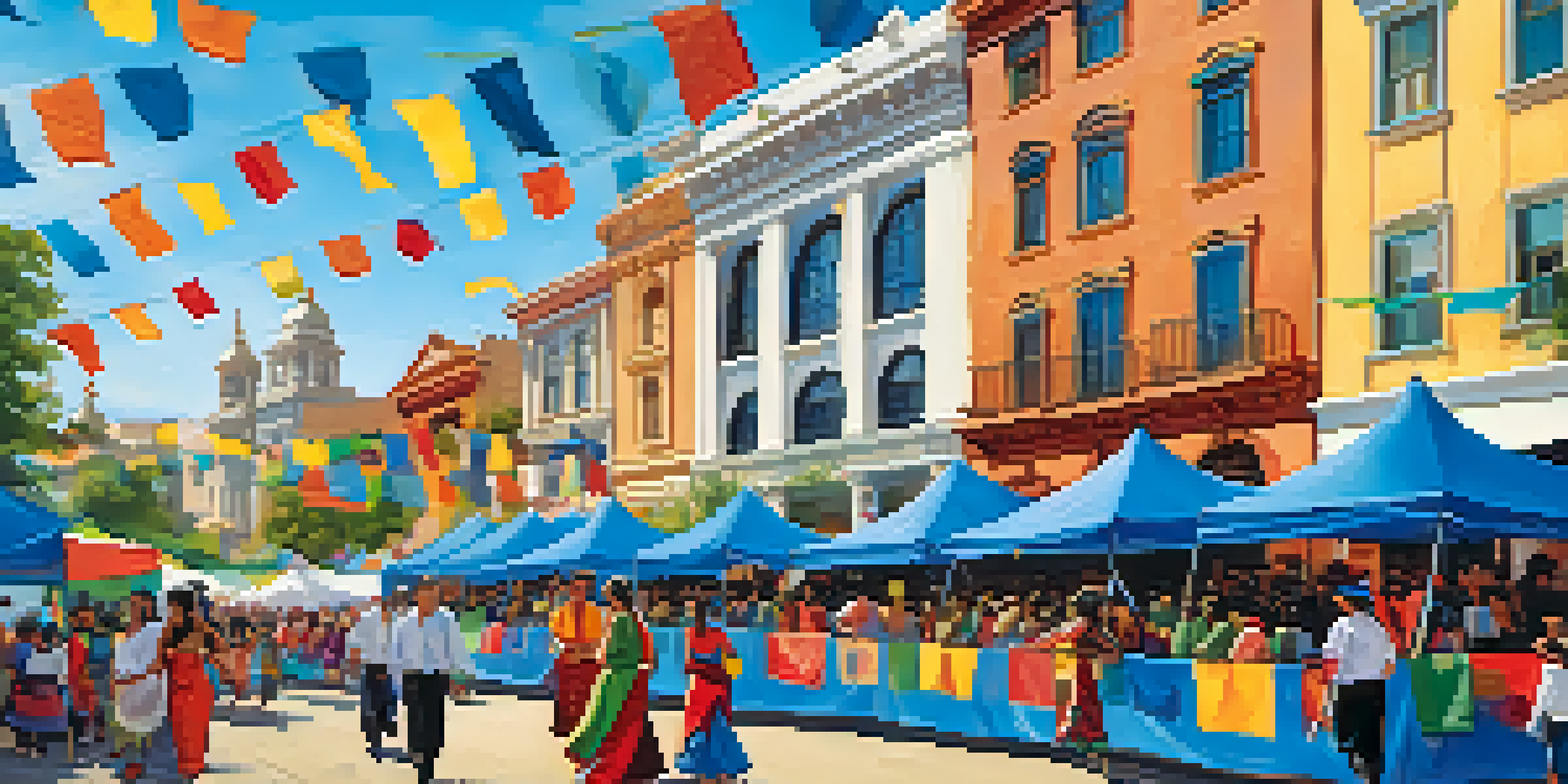 A lively festival scene in San Jose with various cultural activities, including folk dance and storytelling, surrounded by colorful decorations and historical buildings.