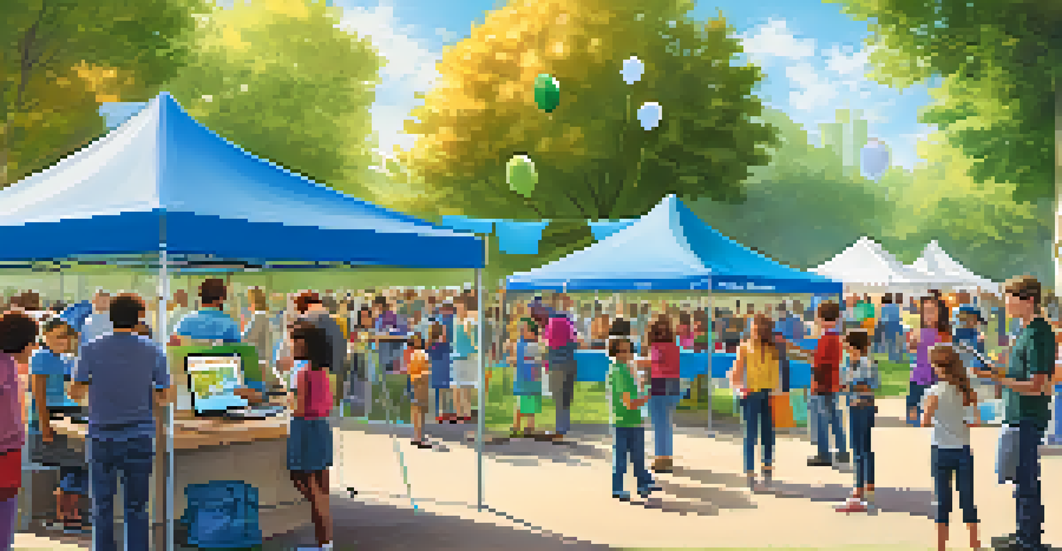 An outdoor digital literacy fair with booths and families exploring technology resources, set in a park under a blue sky.