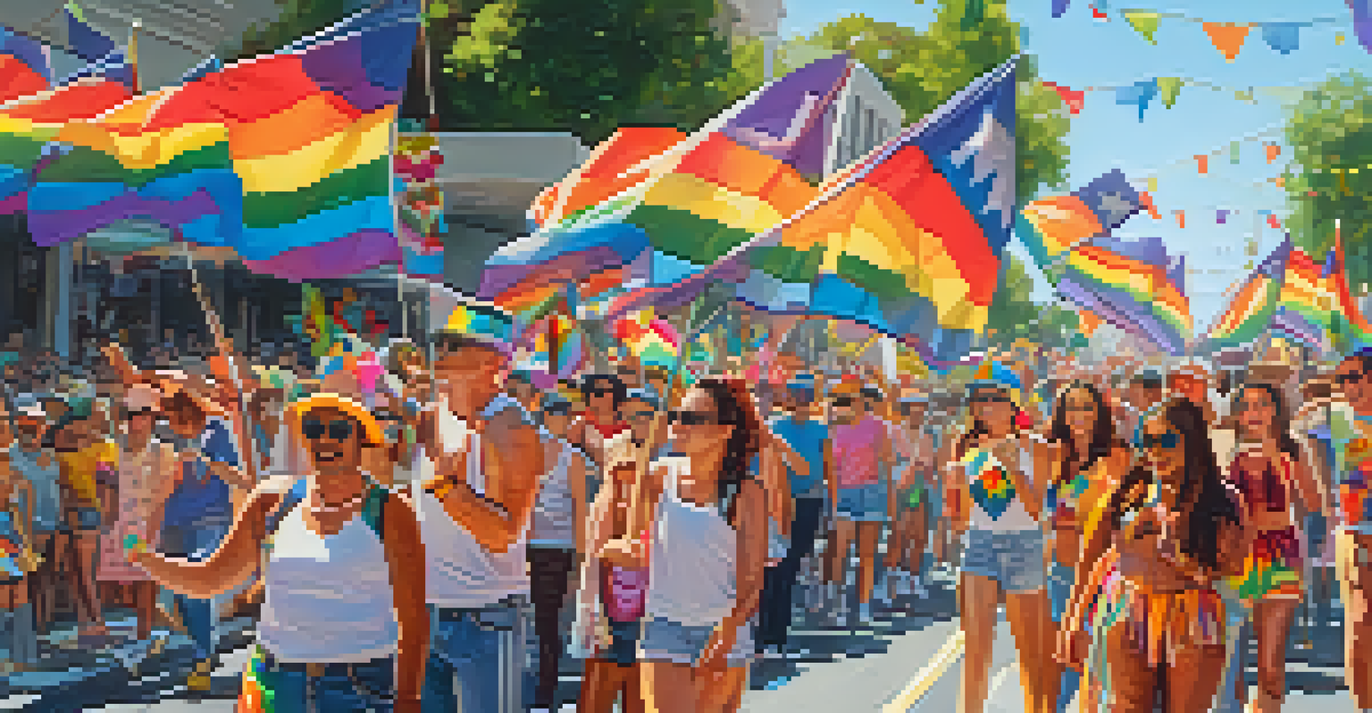 A lively parade at the San Jose Pride Festival with colorful floats and a diverse crowd celebrating together under the sun.