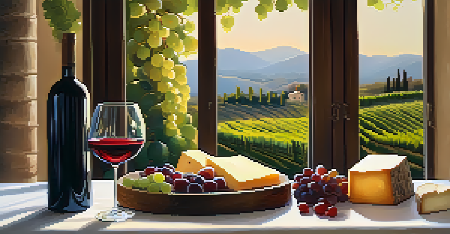 An elegant wine tasting setup with glasses, a bottle of wine, and a charcuterie board in a cozy winery.