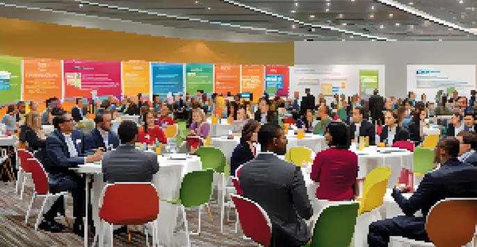 A diverse group of professionals networking at a tech event in San Jose, with colorful banners and warm lighting.
