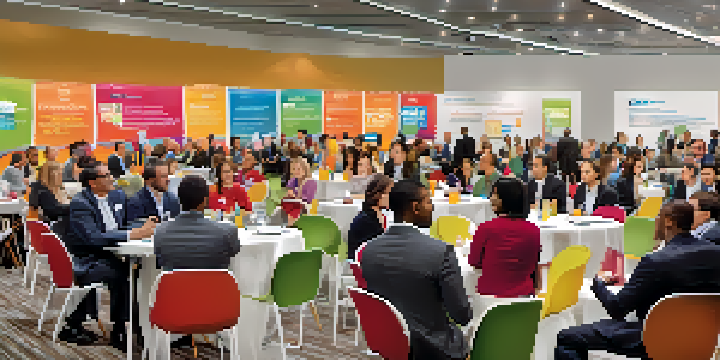 A diverse group of professionals networking at a tech event in San Jose, with colorful banners and warm lighting.
