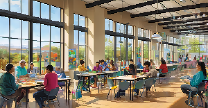 A lively community center with diverse individuals engaging in activities, showcasing inclusivity and support for people with disabilities.