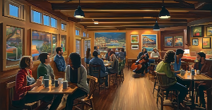 A cozy coffee shop scene with a singer-songwriter performing and an engaged audience enjoying the music.