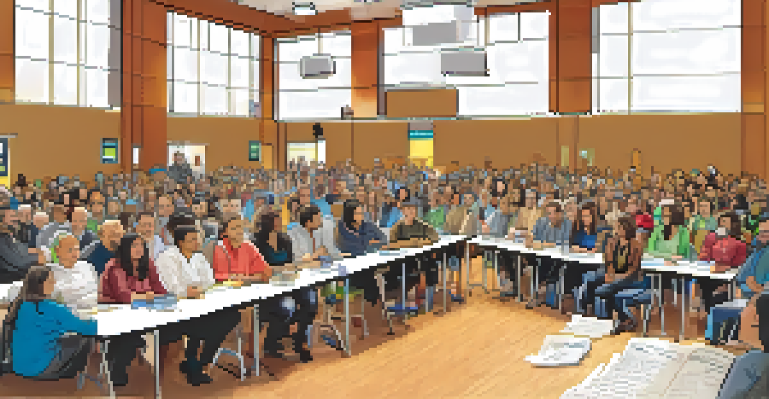 Residents of San Jose participating in a community forum focused on environmental issues, with banners and a whiteboard filled with ideas.