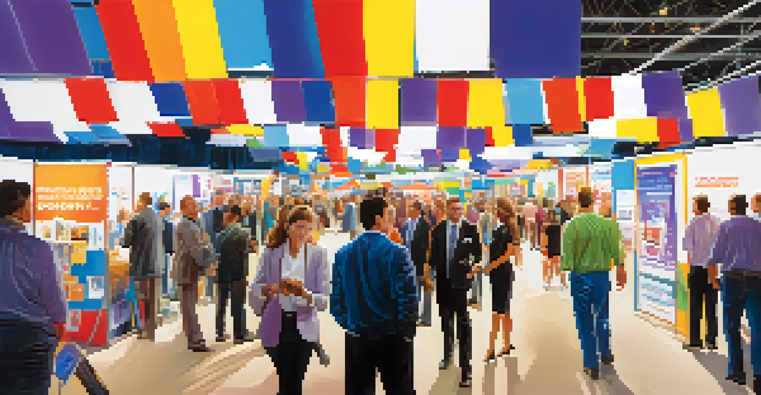 A bustling business expo with exhibitors showcasing their products and attendees networking in a vibrant atmosphere.