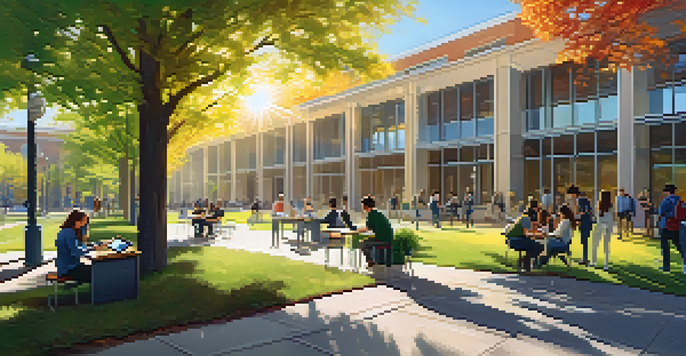 A university campus with students working together with tech professionals, surrounded by green trees and modern buildings under bright sunlight.